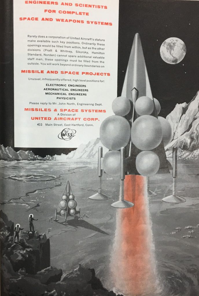 United Aircraft Corp. 1959. “Engineers and Scientists for Complete Space and Weapons Systems.” *Scientific American* 200 (5), 137