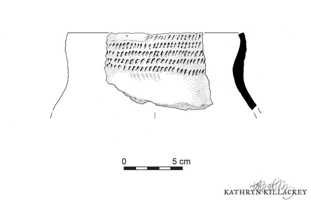 Early Late Woodland decorated rim sherd from the Van Besien Site, created for Jennifer Schumacher’s Master’s Thesis, the Department of Anthropology, McMaster University.”
