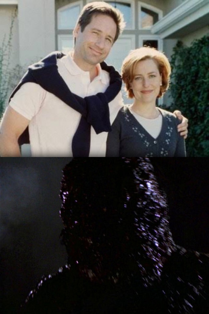 Agents Mulder and Scully in the X Files 1999 episode "Arcadia", above the mud monster tulpa.
