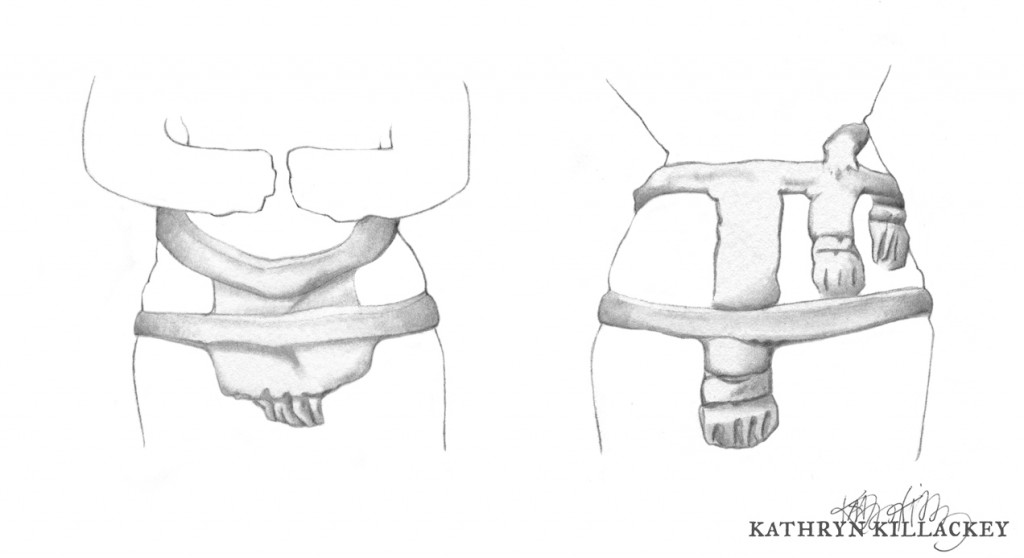 Front and back of a figurine from Playa de los Muertos showing textile details around waist. Graphite, 2013.