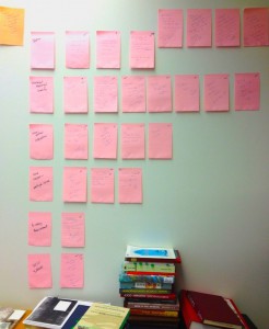 Post-it notes associated with the chapters in Doug Rogers's book in progress.