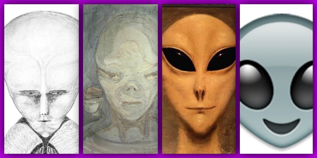 Lam, alongside artwork based on accounts from abductees Barney and Betty Hill, alongside a rendering of Whitley Strieber's abductor as shown on the cover of his influential book on his experiences 'Communion' (1987), alongside the iPhone's alien emoji. 