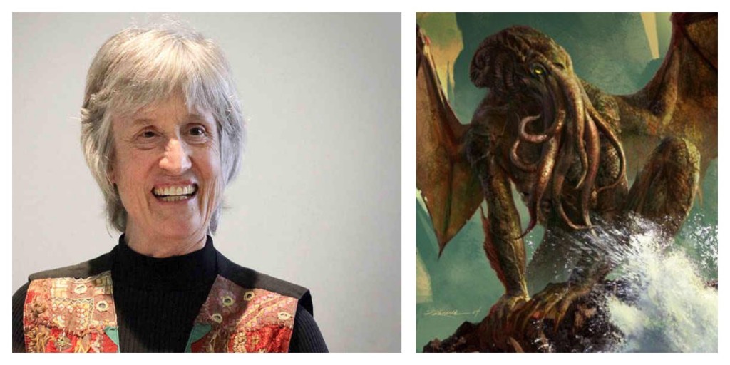Is this what an alien sex magic cultist looks like? Donna Haraway (left) has also invoked H.P. Lovecraft and Typhonian forces through her 'Cthulhu-cene' concept. A counter to the trending Anthropocene, Haraway's concept is named after Cthulhu, Lovecraft's liminal, squid-faced alien god who lies 'not-dead-but-dreaming' beneath the Pacific.