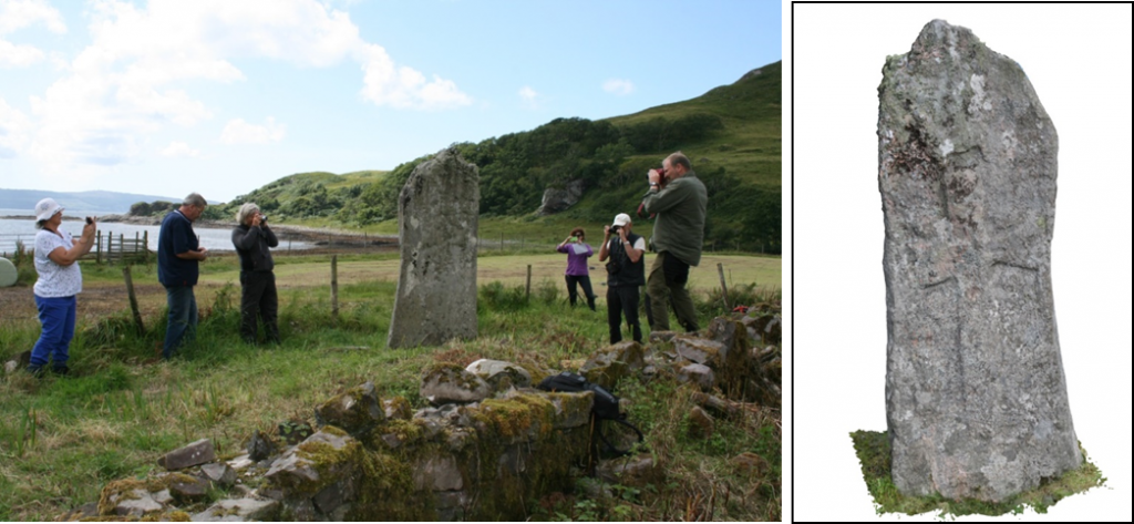 Ardnamurchan Community group creating a detailed model of the Camas Nan Gael standing stone and early medieval carvings.