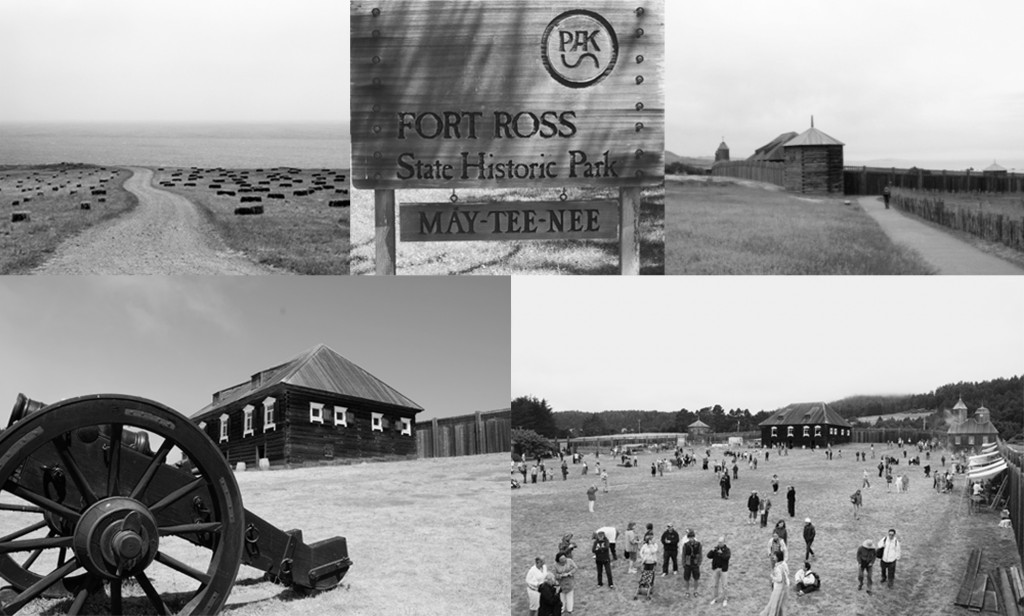 1.Fort Ross State Historic Park Reconstructed Landscape: Native Alaskan Village Site (top left); FRSHP sign (top middle); View of reconstructed stockade from the west (top right); reconstructed Kuskov house, stockade (bottom left); Fort Ross Cultural Heritage Day, July 2011 (bottom right). Photographs by Lee Panich, Kelly Fong, Darren Modzelewski, and Sara Gonzalez, respectively.