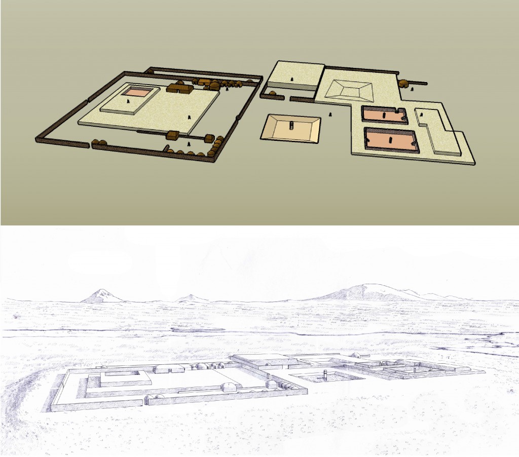 Top: screen shot of Dr. Smith’s Khonkho Wankane SketchUp model. Bottom: Khonkho Wankane drawing by Kathryn Killackey. Adobe Illustrator linework and graphite, 2015.