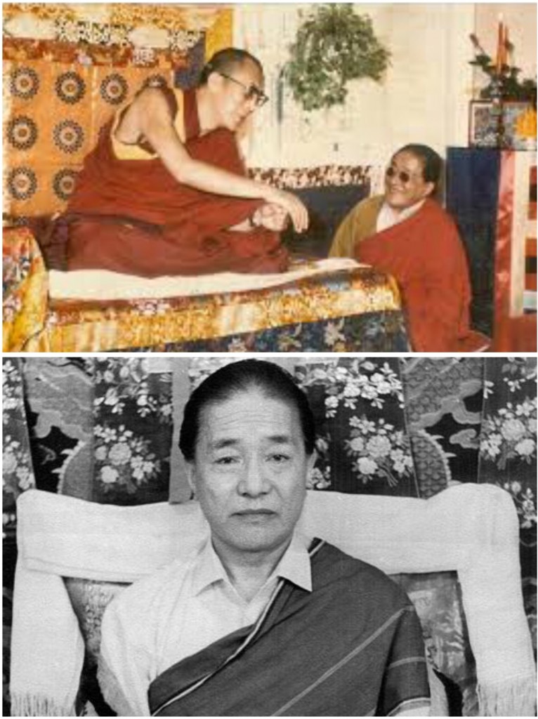 His Holiness the Fourteenth Dalai Lama with prominent ngakpa and first appointed head of the Nyingma school in exile Dudjom Rinpoche (1904-1987)