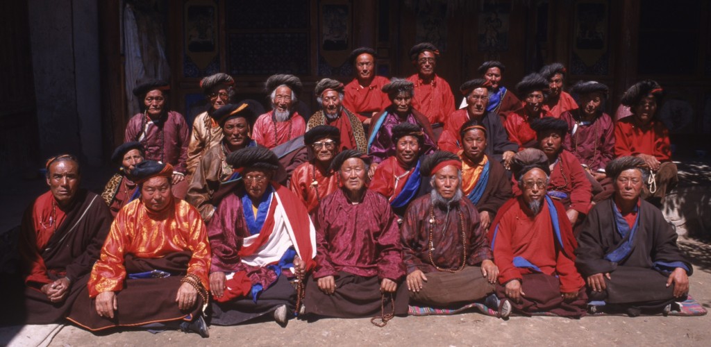 A group of senior dreadlock-wearing ngakpa from Sakor village, Repkong in Eastern Tibet . 
