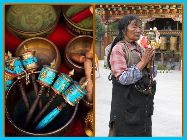 Held-held MaNi 'khor resting in singing bowls (left). A Tibetan woman holds a prayer-wheel in her hand with 'standing' recessed prayer wheels in the background. 