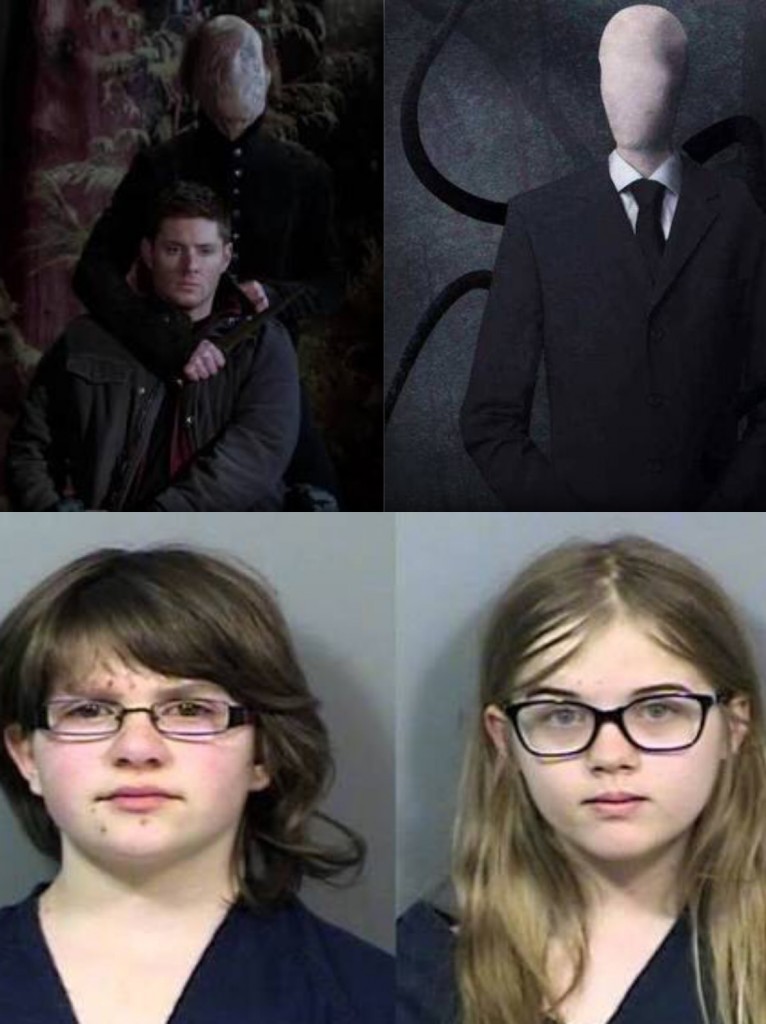A comparison of the Slender Man and Supernatural's Thinman (top), along with mugshots of Slender Man acolytes and attempted murderers Anissa Weier (left) and Morgan Geyser (right), (bottom). 